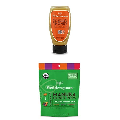 Bundle - Wedderspoon Raw Premium Manuka Honey KFactor 16 Squeeze Bottle (12 Oz) and Manuka Honey Lollipops (24 Count) - Medaid International