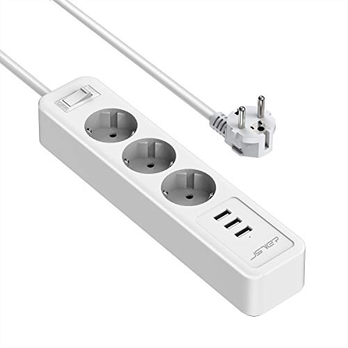 Jsver - USB Surge Socket with 3 Outlets, 3 USB Chargers, 2m Cable, Overvoltage Protection