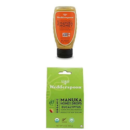 Bundle - Wedderspoon Raw Premium Manuka Honey KFactor 16 Squeeze Bottle (12 Oz) and Manuka Honey Drops, Eucalyptus & Bee Propolis (4 Oz) - Medaid International