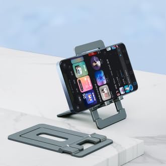 Portable Cell Phone Stand, Foldable Aluminum Adjustable Phone Holder for Desk Travel Essentials Office Accessories Compatible for All Smartphone-Grey - Medaid International