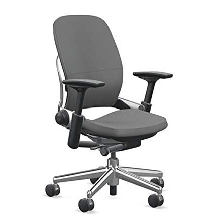 Steelcase Leap Desk Chair in Gunmetal Gray Elmosoft Leather L113-4-Way Highly Adjustable Arms - Polished Aluminum Frame and Base 8046 - Soft Dual Wheel Hard Floor Casters - Medaid International