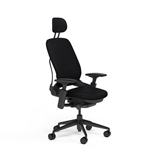 Steelcase Leap V2 Desk Chair with Headrest Black Leather Seat and Back - 4-Way Highly Adjustable Arms - Black Frame and Base - Standard Carpet Casters - Medaid International