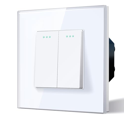 Bseed - Electrical Wall Light Switch with LED Backlight, Glass Faceplate, 10A Toggle, 2 Gang