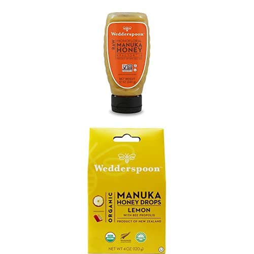 Bundle - Wedderspoon Raw Premium Manuka Honey KFactor 16 Squeeze Bottle (12 Oz) and Manuka Honey Drops, Lemon & Bee Propolis (4 Oz) - Medaid International