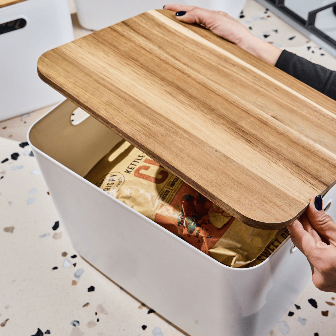 White Storage Tub W/ Acacia Lid - Large