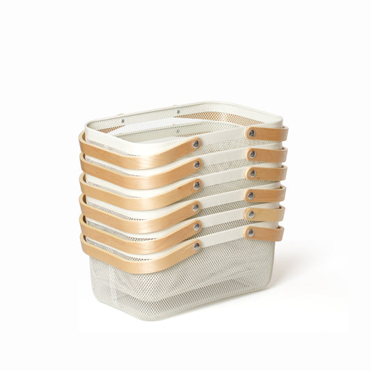 White Mesh Storage Basket W/ Wooden Handle - Large Pack