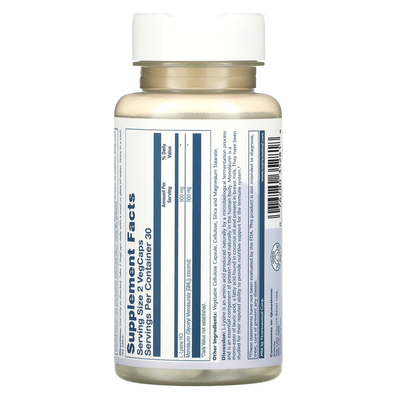Solaray, L-Lysine Monolaurin 1:1 Ratio, 60 VegCaps - Medaid International