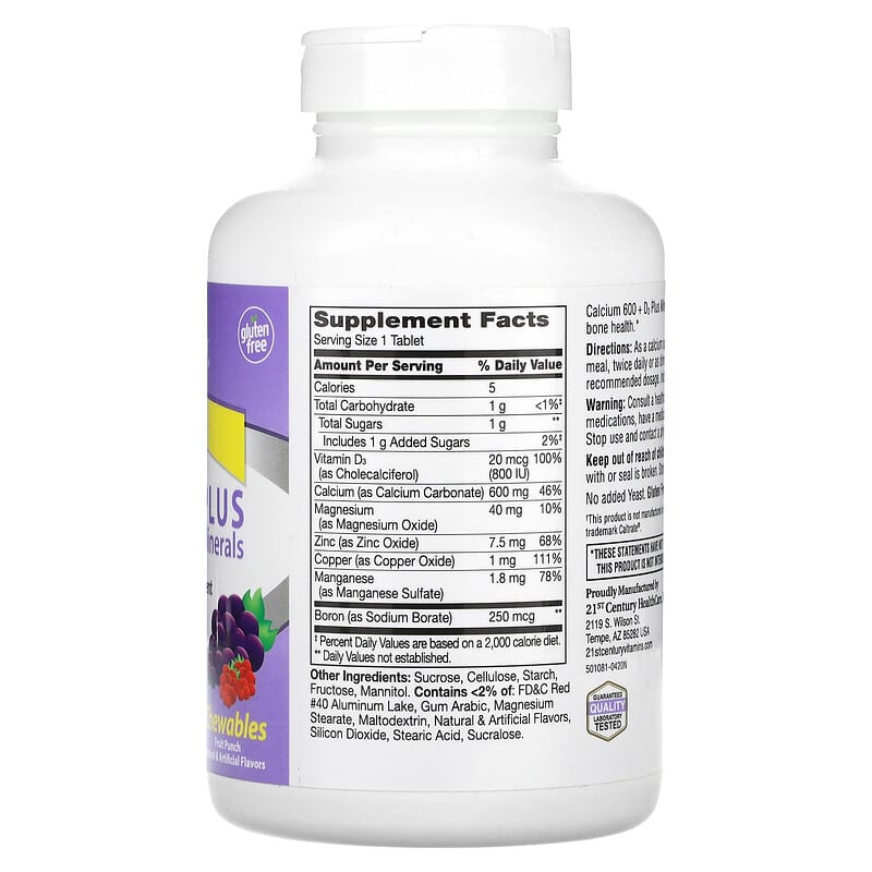 21st Century, Calcium 600 + D3 Plus Minerals, Fruit Punch, 75 Chewable Tablets - Medaid