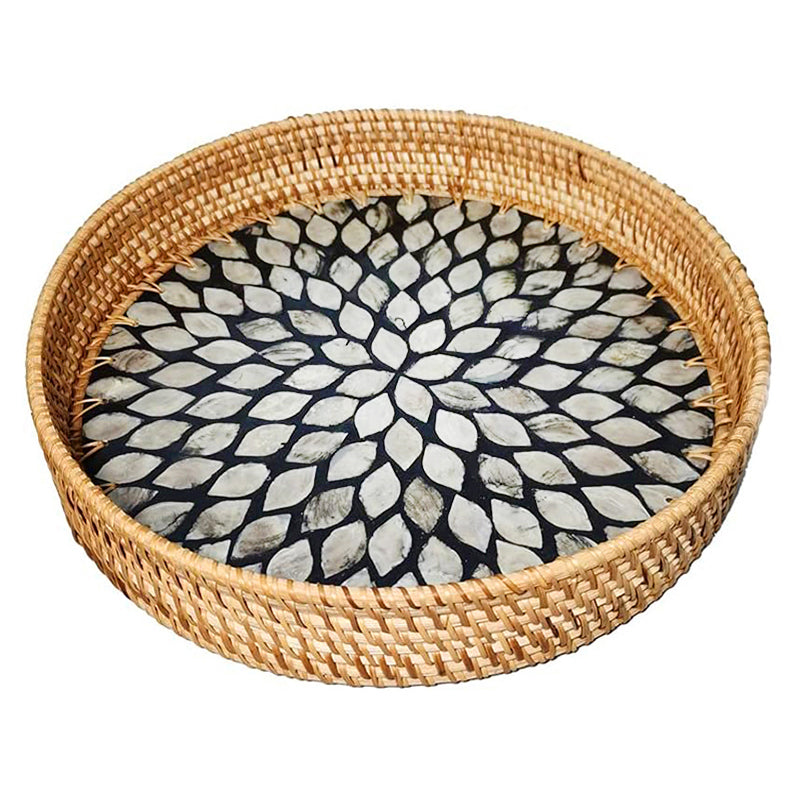 28 CM Handmade Round Rattan Tray with Black Shell Bottom Woven Serving Tray for Food Drink Snack Coffee Table Decor - Medaid - Lebanon