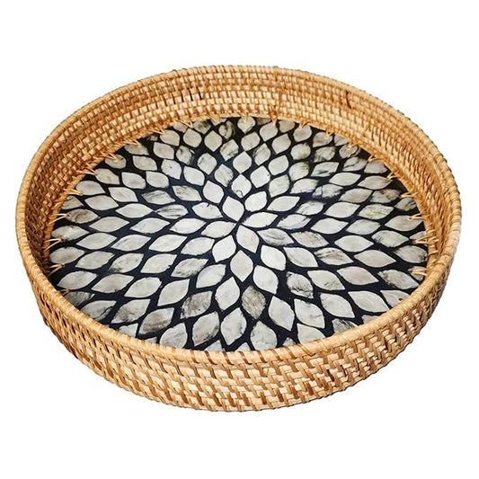 28 CM Handmade Round Rattan Tray with Black Shell Bottom Woven Serving Tray for Food Drink Snack Coffee Table Decor - Medaid - Lebanon