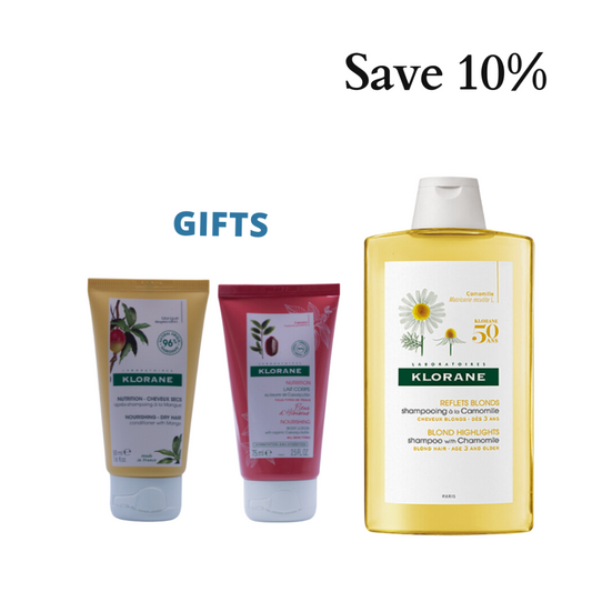 Klorane Shampoo With Chamomile 400 ml + Free Klorane Mango Conditioner 50 ml + Free Klorane Cupuaco Flower Body Lotion 75 ml - Medaid