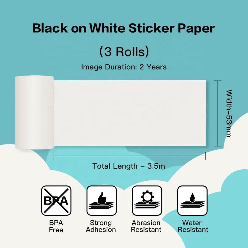 Black on White Thermal Self-Adhesive Sticker Paper for T02 Inkless Pocket Printer