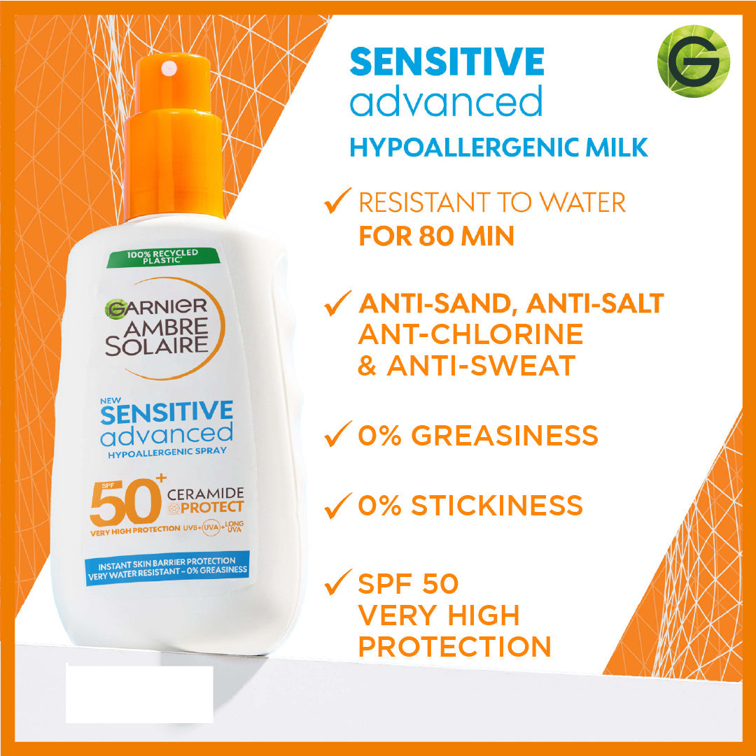 Garnier Ambre Solaire Sensitive Advanced SPF 50+ Ceramide Protect Sunscreen Spray For Adults 150ml