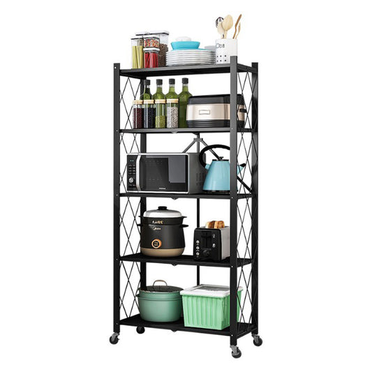 5 Tier Foldable Metal Storage Shelf Racks with Wheels Holds Up to 250 KG Moving Organizer Shelves for Kitchen Living Room and Bathroom Black - Medaid