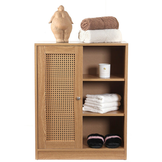 3 Tier Waterproof Wooden Bamboo and Rattan Storage Cabinet Organizer with Door Freestanding Floor Cabinet for Bathroom Bedroom and Kitchen Beige - Medaid