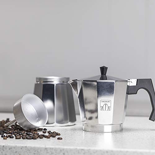 Cecotec - Shiny Aluminium Italian Coffee Maker for 9 Cups, Ergonomic Handle, Silicone Gasket