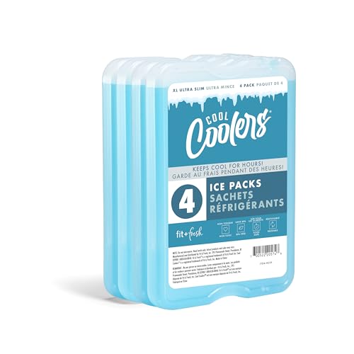 Cool Coolers by Fit & Fresh 4 Pack XL Slim Ice Packs, Quick Freeze Space Saving Reusable Ice Packs for Lunch Boxes or Coolers, Blue, 239ICE, 4 count (Pack of 1)|B07CTXRKH8