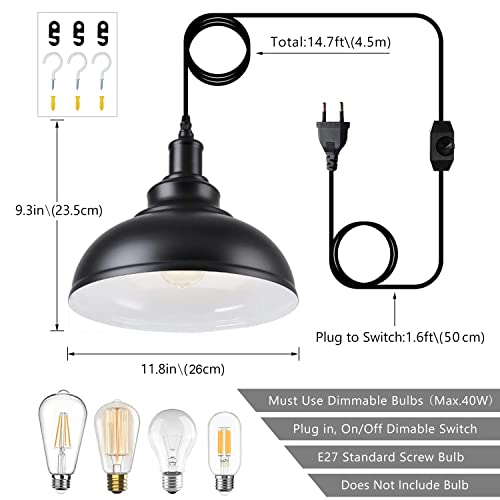 Aanyhoh - Dimmable Vintage Industrial Pendant Light with E27 Base, Black Metal Shade, 4.5m Cable