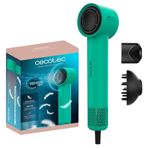Cecotec - Ionicare Rockstar Style Green Hair Dryer, 1500W, 4 Heat Settings, Lightweight
