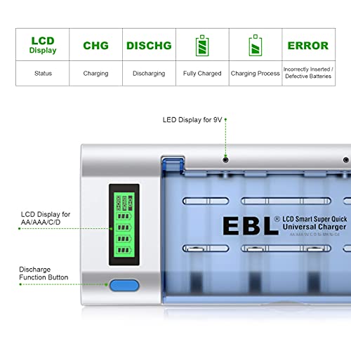 Ebl - Universal Battery Charger with LCD Display, Discharge Function, for AA, AAA, C, D, 9V Rechargeable Batteries