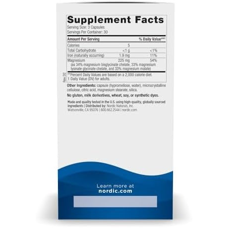 Nordic Naturals Magnesium Complex - 90 Capsules - 225 mg Magnesium, 1.9 mg Iron - Brain & Heart Health, Mood, Energy, & Muscle Relaxation - Non-GMO, Vegan - 30 Servings|B086MMYQTY