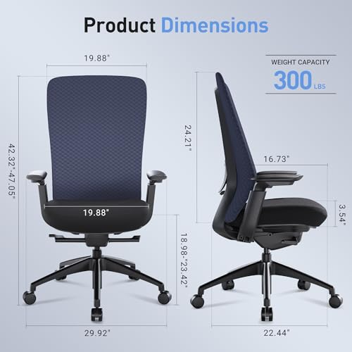 Executive Office Chair with 4D Adjustable Arms & Lumbar Support - Mesh Seat Depth Adjustment, 107°-115°-123°-132° Recline, Memory Foam & Aluminum Base for Modern Home/Office,Blue - Medaid International