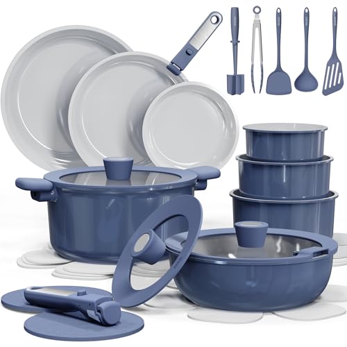 CAROTE 27pcs Ceramic Cookware Set Nonstick, Pots and Pans Set Non stick, Non Toxic Cookware, Dishwasher/Oven Safe, RV/Camping Cookware Set, Pan and Pot with Kitchen Utensils, Navy Blue|B0DPKB987C