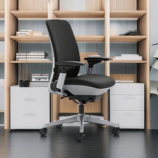 Steelcase Amia Ergonomic Office Chair with Adjustable Back Tension and Arms | Flexible Lumbar with Sliding Seat | Black Frame and Buzz2 Black Fabric - Medaid International