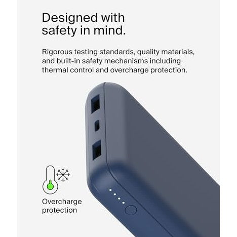Belkin Portable Charger, USB C Power Bank 20000 mAh w/ 2 USB-A Ports, 15W w/ Type-A to Type-C Cable - iPhone 17, Air, Pro, Pro Max, AirPods, Samsung Galaxy S25, S24, Google Pixel 10, iPad, etc. - Blue - Medaid International