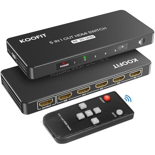 Koofit - 4K HDMI Switch Automatic, 5 Port Selector with Remote Control, Supports HDR