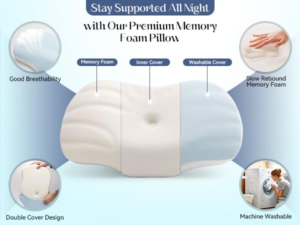 SHJADE Cervical Pillow for Neck and Shoulder Support, Ergonomic Contour Sleeper Pillows, Adjustable Height Memory Foam Bed Pillow with Breathable Pillowcase for Back, Side, Stomach Sleeper - Medaid International