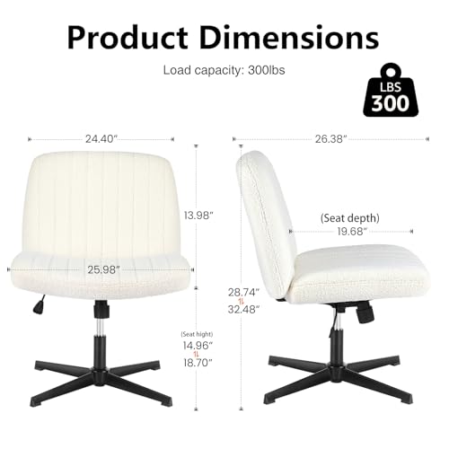 Sweetcrispy Criss Cross Chair Legged, Armless Office Swivel Desk Chair No Wheels, Vanity Height Adjustable Wide Seat Computer Task Seating - Teddy Cream - Medaid International