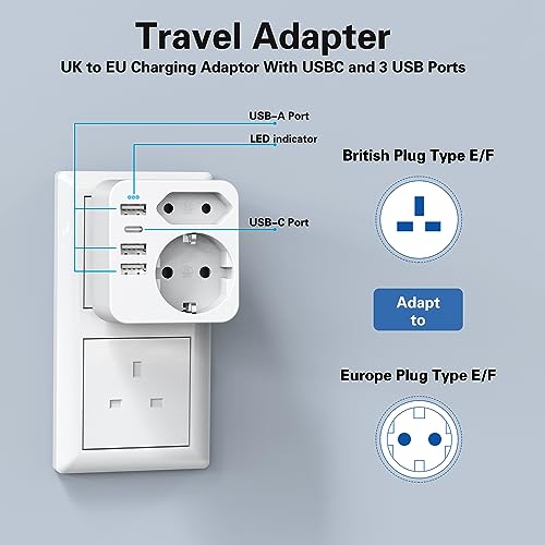 Hanyeal - 6 in 1 UK Plug Adapter with 2 Sockets, 3 USB Ports & Type-C