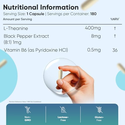 L-Theanine 408mg - 180 Capsules - 6 Months Supply | with Vitamin B6 & Black Pepper | 1 Capsule per Day | Vegan, Gluten-Free & Non-GMO - L Theanine Supplement for Men & Women - Made in Europe|B091FV1FHQ