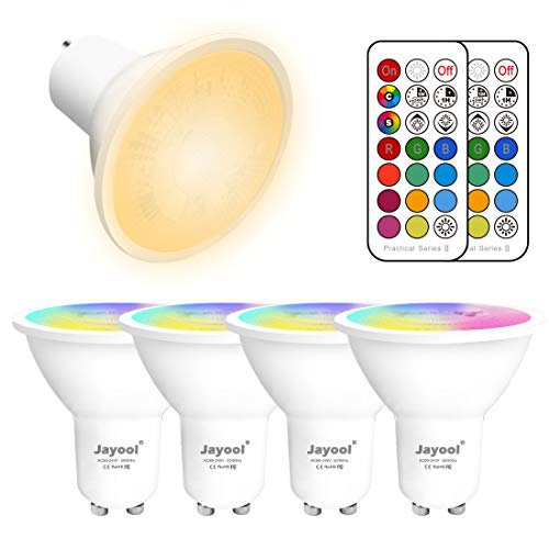Jayool - Dimmable GU10 LED Light Bulbs, RGB + Warm White, Remote Control, Timer