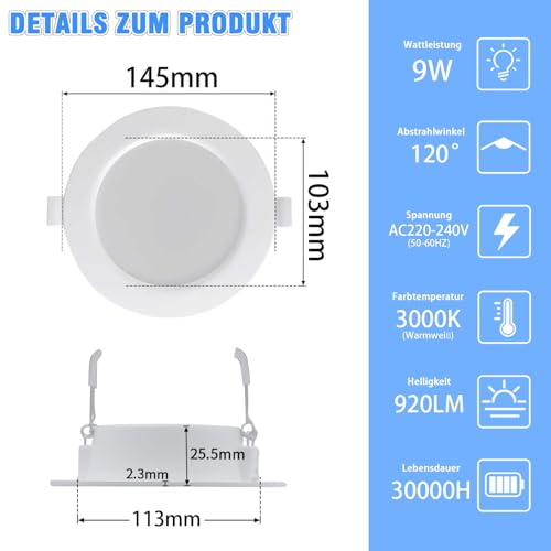 ETUOLMP - LED Recessed Spotlights Set of 6, 9W, Warm White 3000K, IP44