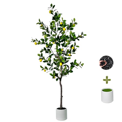 6ft Artificial Lemon Tree Indoor Outdoor - Faux Lemon Plant with Realistic Fruits & Natural Wood Trunk, Includes White Planter for Home, Office, Mall, Hotel, Living Room, Meeting Room Decor - Medaid International