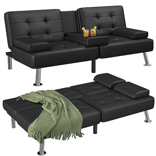 Flamaker Futon Sofa Bed Modern Folding Futon Set Convertible Recliner Lounge for Living Room with 2 Cup Holders, Removable Armrests (PU Leather, Black)|B086RKPN2V
