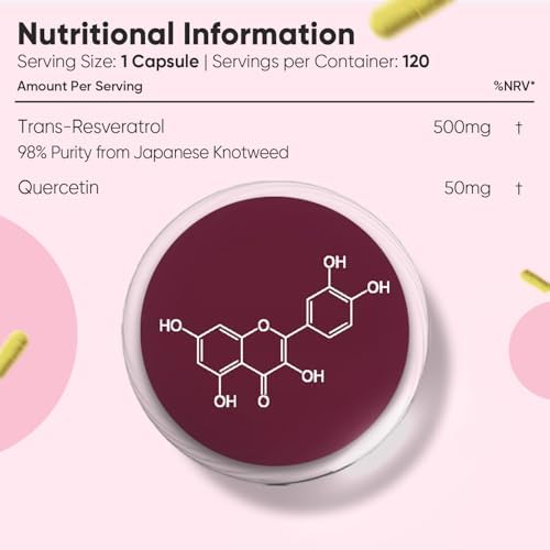 Trans Resveratrol with Quercetin - 120 Capsules - 4 Months Supply - Resveratrol Supplements - 1 Capsule a Day - Sourced from Japanese Knotweed - Non-GMO & Vegan-Friendly - Magnesium Stearate-Free|B01FWFE7VK
