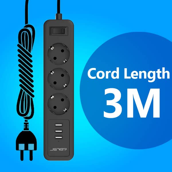 Jsver - 3-Way Power Strip with 3 USB Ports, 3680W, Wall Mounted, 3m Cable