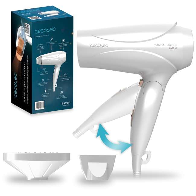 Cecotec - Ionicare Travelwhite 2400W Hair Dryer, Compact, Foldable, Ionizer Function