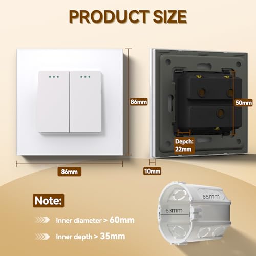 Bseed - Electrical Wall Light Switch with LED Backlight, Glass Faceplate, 10A Toggle, 2 Gang