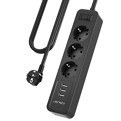 Jsver - 3-Way Power Strip with 3 USB Ports, 3680W, Wall Mounted, 3m Cable