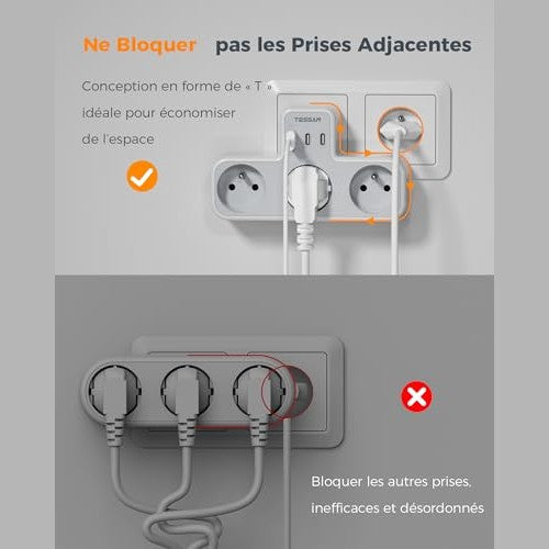 Tessan - 6-in-1 Multi Socket with 3 Wall Sockets & 3 USB Ports for Home & Travel