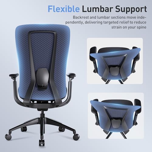 Executive Office Chair with 4D Adjustable Arms & Lumbar Support - Mesh Seat Depth Adjustment, 107°-115°-123°-132° Recline, Memory Foam & Aluminum Base for Modern Home/Office,Blue - Medaid International