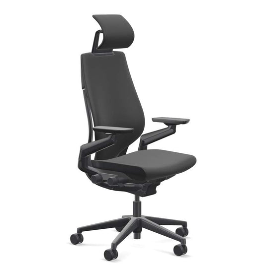 Steelcase Gesture Office Desk Chair with Headrest, Cogent Connect Licorice 5S26 Fabric, Medium Seat Height, Light on Dark Frame, Lumbar Support, and Hard Floor Casters - Medaid International