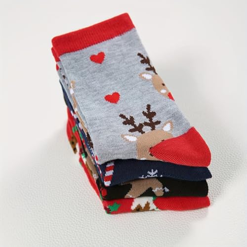 4 pairs of Christmas Socks, Reindeer Bells and Snowflakes Pattern, Women's Autumn and Winter Socks, Personalized Pattern and Color, suitable for Daily Wear, Give Friends a Unique Christmas Gift - Medaid International