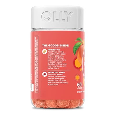 OLLY Probiotic + Prebiotic Gummy, Digestive Support and Gut Health, 500 Million CFUs, Fiber, Adult Chewable Supplement for Men and Women, Peach, 60 Day Supply - 60 Count - Medaid International