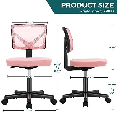 DUMOS Armless Desk Chairs with Wheels, Ergonomic Adjustable Home Office Swivel Rolling Task Chair No Arms, Comfy Mesh Mid Back Computer Work Vanity Desk Seat for Small Spaces, Light Pink - Medaid International