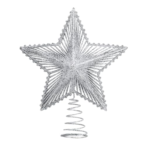 Glittering 5-Point Star Christmas Tree Topper, Sparkly Festive Red Star Ornament with Stable Base for Indoor Outdoor Party(Sliver) - Medaid International